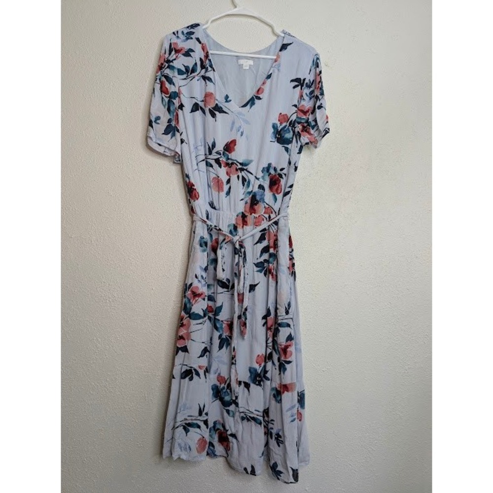 J.Jill Womens Floral Midi Dress Large Blue V-Neck Short Sleeve Belted Summer
